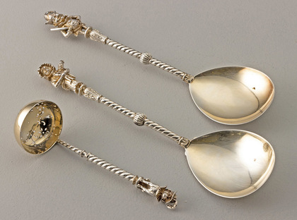 Antique Silver Figural Punch & Judy Spoon Set (2 Serving Spoons and Sifter Ladle)